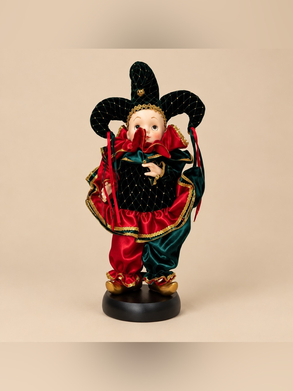 1992 House Of Lloyd Jester/Clown Porcelain Face Doll on a Wood Stand